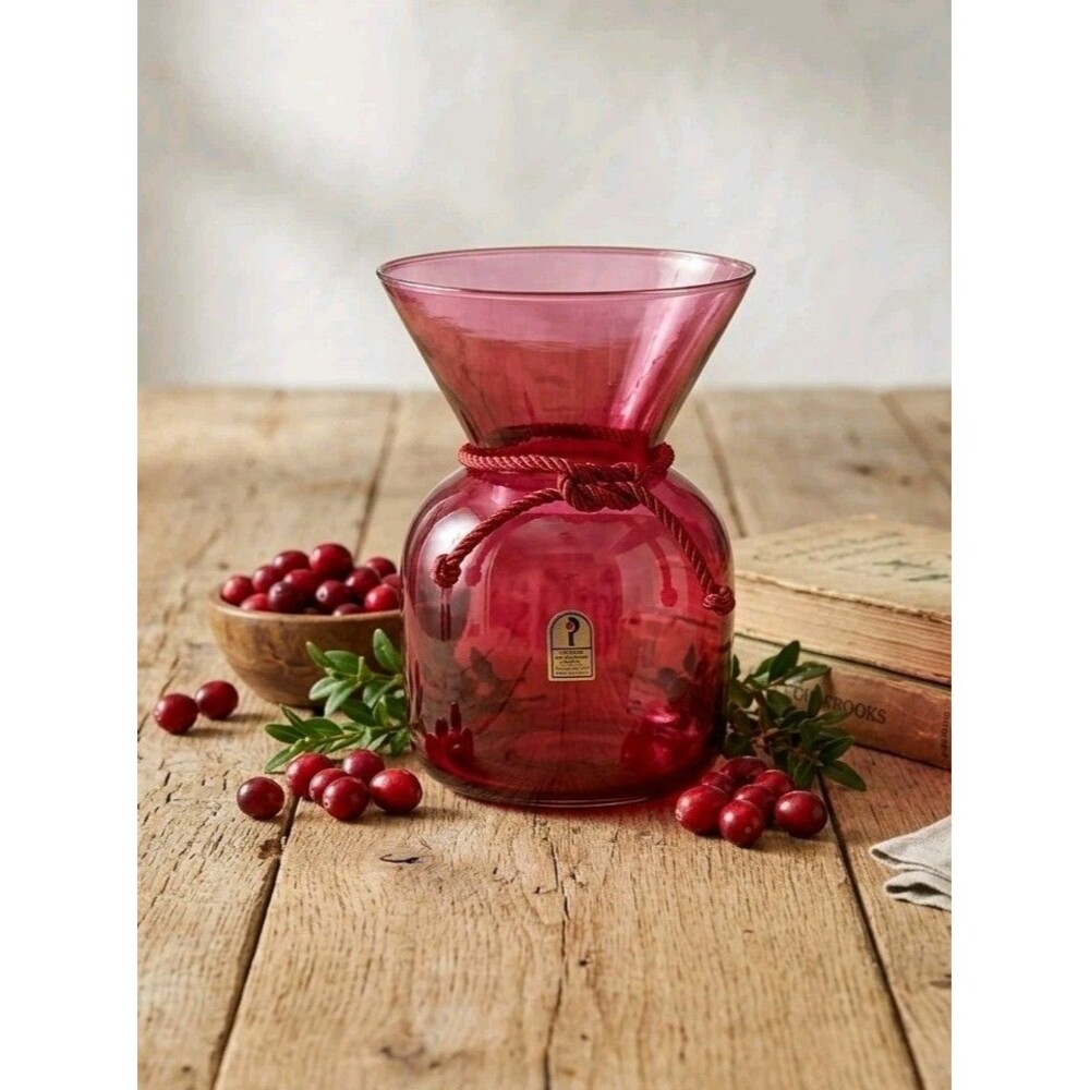 Vtg. 8" Pilgrim Cranberry Glass Vase | Optic Ribbed Hand Blown Art Glass w Label